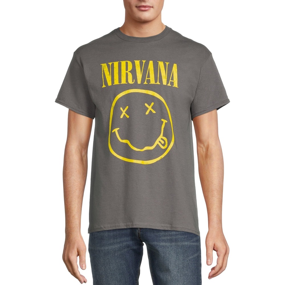 Nirvana All Gender‎ Smiley Logo Graphic Tee Shirt, Men's Size Large, Gray